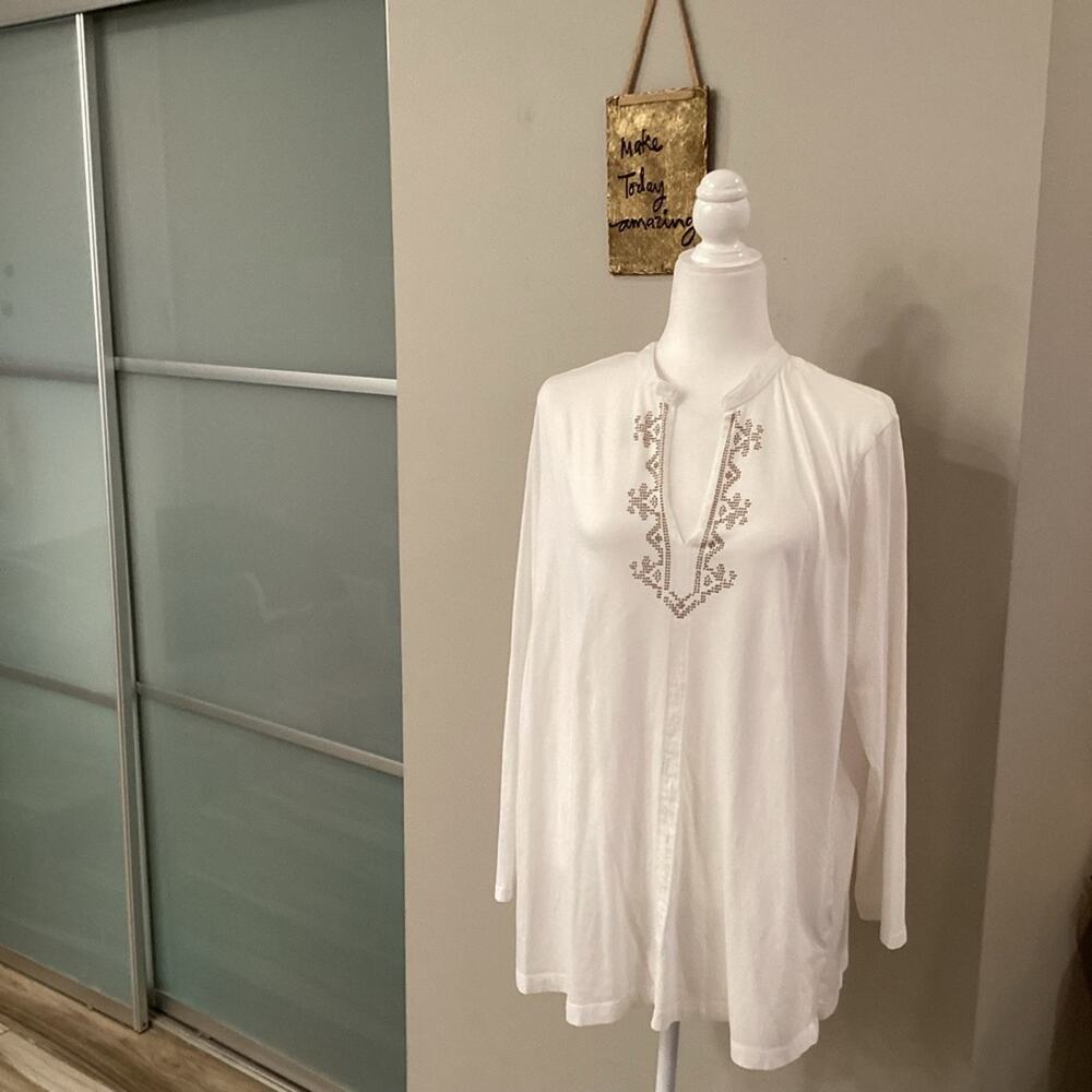 Chaps Denim 2x White Top With Gold Beads NWOT